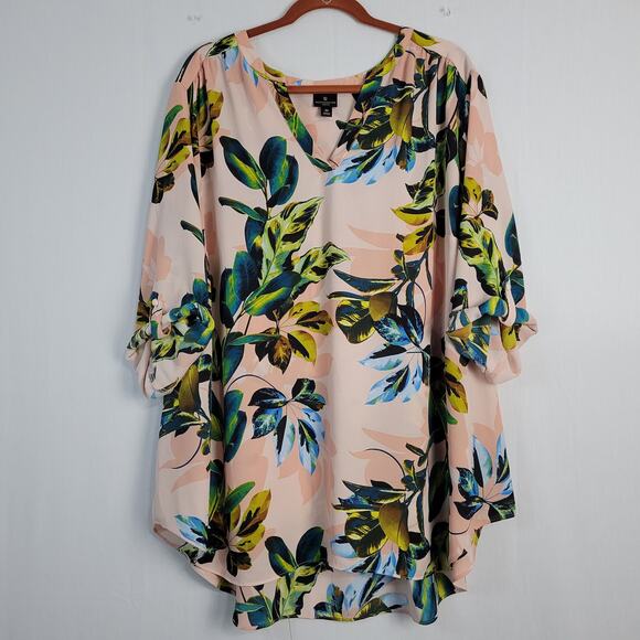 Worthington split neck roll tab sleeve popover tunic top sz 4X pink green leaves - Picture 1 of 7